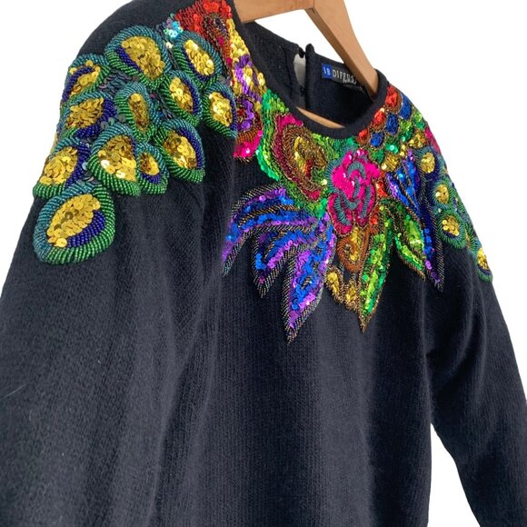 Vintage Sequin Sweater IB Diffusion Silk Angora Blend PS Black Shoulder Pads - Picture 3 of 12